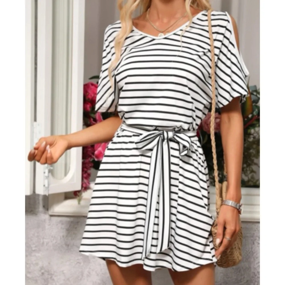 Boho striped cold shoulder belted mini dress - Picture 5 of 6